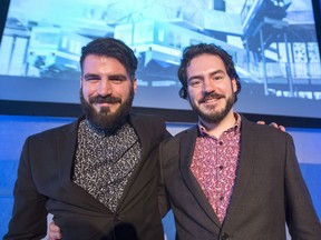 Etienne Morin-Bordeleau, left, and his brother Frederic Morin-Bordeleau, co-founders of the MR-63 project, pose for the media after a news conference in Montreal, Wednesday, February 28, 2018.