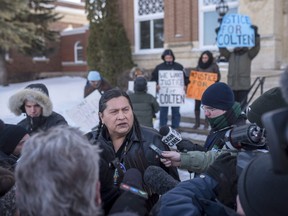 Alvin Baptiste, the uncle of the late Colten Boushie, speaks to media outside of the Court of Queen's Bench during a lunch recess on the fifth day of the trial of Gerald Stanley, the farmer accused of killing the 22-year-old Indigenous man, in Battleford, Sask., Monday, February 5, 2018.