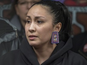 Jade Tootoosis, cousin of Colten Boushie, looks on during a media event at the Battlefords Agency Tribal Chiefs head office after a jury delivered a verdict of not guilty in the trial of Gerald Stanley, the farmer accused of killing the 22-year-old Indigenous man.