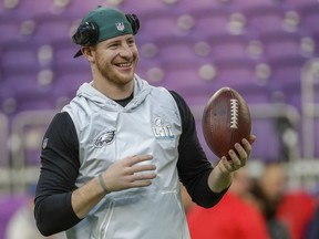 Philadelphia Eagles quarterback Carson Wentz throws before the NFL Super Bowl 52 football game against the New England Patriots Sunday, Feb. 4, 2018, in Minneapolis.