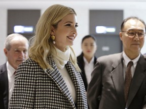 Ivanka Trump, the daughter of U.S. President Donald Trump, arrives at Incheon International Airport in Incheon, South Korea, Friday, Feb. 23, 2018. Ivanka Trump has landed in South Korea to attend this weekend's closing ceremony for the Winter Olympics in Pyeongchang.