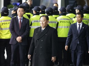 Kim Yong Chol, center, vice chairman of North Korea's ruling Workers' Party Central Committee, leaves to return to North Korea, at a hotel in Seoul, South Korea, Tuesday, Feb. 27, 2018. The North Korean envoy making a rare visit to South Korea said Sunday that his country was willing to open talks with the United States, a rare step toward diplomacy between enemies after a year of North Korean missile and nuclear tests and direct threats of war from both Pyongyang and Washington.