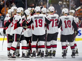 The Ottawa Senators celebrate after their 4-3 shootout victory over the Flyers on Saturday in Philadelphia.