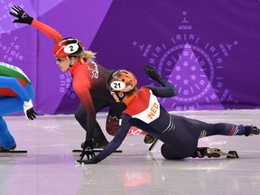 Canada's Marianne St Gelais (left) and the Netherlands' Yara van Kerkhof compete in the 500 metres at the Pyeongchang Olympics on Feb. 13.