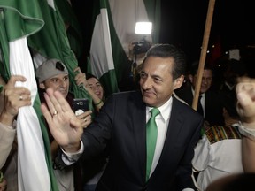 Presidential candidate Antonio Alvarez with the National Liberation party greets supporters after he attended a live, televised debate in San Jose, Costa Rica, Thursday, Feb. 1, 2018. Alvarez, a 59-year-old agricultural businessman, two-time president of the Legislative Assembly and former Cabinet minister under the first presidency of Oscar Arias in 1986-1990, is running on promises to create 150,000 jobs, decrease the deficit and modernize public transportation