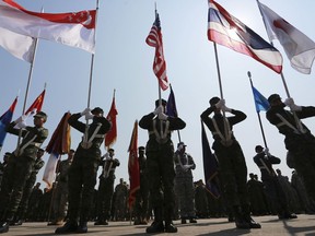 Thai soldiers attend the opening ceremony of the joint military exercise Cobra Gold 2018 at U-tapao Airport in Rayong Province. Thailand, Tuesday, Feb. 13, 2018. Thailand and the United States have opened the largest annual joint military exercise in Southeast Asia but downplayed the presence of a Myanmar military officer.