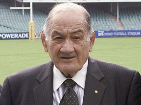 FILE - In this June 4, 2009, file photo, Sir Nicholas Shehadie poses for a photo in Sydney. Shehadie, a former Wallabies captain who was one of the architects of the first Rugby World Cup, died on Sunday, Feb. 11, 2018, aged 92.