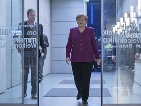 German chancellor Angela Merkel arrives for the recording of an  interview at the public-service broadcaster  ZDF in Berlin, Sunday Feb. 11, 2018. Merkel will answer questions  at  the TV show 'Berlin direkt' , 'Berlin direct'.