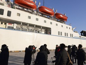 North Korean ship Mangyongbong-92 carrying art troupe members arrives at Mukho port in Donghae, South Korea Tuesday, Feb. 6, 2018. The art troupe, led by Hyon Song Wol, also the leader of the famous Moranbong girl band hand-picked by North Korean leader Kim Jong Un, will perform in Gangneung and Seoul on Feb. 8 and Feb. 11, respectively, before returning home.
