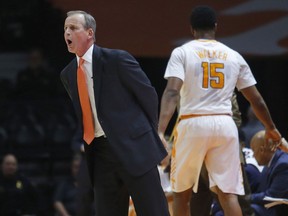 Tennessee coach Rick Barnes yells to his players during the first half of an NCAA college basketball game against LSU on Wednesday, Jan. 31, 2018, in Knoxville, Tenn.