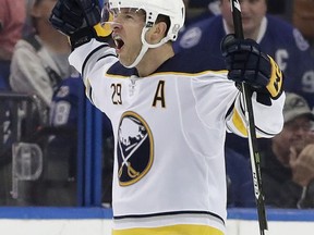 Buffalo Sabres right wing Jason Pominville celebrates his goal against the Tampa Bay Lightning during overtime in an NHL hockey game Wednesday, Feb. 28, 2018, in Tampa, Fla. Buffalo won 2-1.
