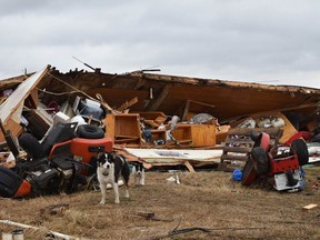 A mobile home is seen destroyed after a tornado struck an area outside Joshua, about 20 miles (32 kilometers) south of Fort Worth, Texas, Tuesday, Feb. 20, 2018. Two weak tornadoes have hit North Texas, demolishing at least one mobile home and damaging about a dozen others in the rural area near Joshua and damaging the roofs of homes in the Dallas suburb of DeSoto.