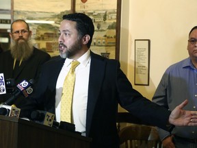 Attorney Brian Bouffard, who represents Jorge Daniel Salinas talks about his case being dropped by the McLennan County District Attorney's office during a press conference, Thursday, Feb. 8, 2018, in Waco, Texas. Salinas was involved in the roundup following the May 17, 2015 shootout at Twin Peaks that left nine bikers dead and 20 more injured.