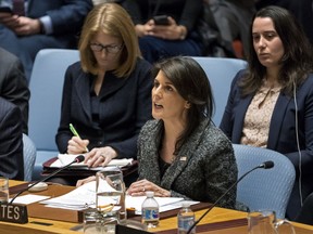 American Ambassador to the United Nations Nikki Haley speaks after the United Nations Security Council voted on a resolution demanding a 30-day humanitarian cease-fire across Syria, Saturday, Feb. 24, 2018 at United Nations headquarters.