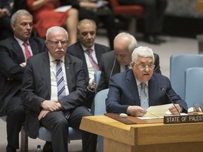 Palestinian President Mahmoud Abbas speaks during a Security Council meeting on the situation in the Middle East, Tuesday, Feb. 20, 2018 at United Nations headquarters.