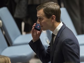 Jared Kushner takes a phone call before a Security Council meeting on the situation in Middle East, Tuesday, Feb. 20, 2018 at United Nations headquarters.