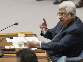 Palestinian President Mahmoud Abbas speaks during a Security Council meeting on the situation in Palestine, Tuesday, Feb. 20, 2018 at United Nations headquarters.