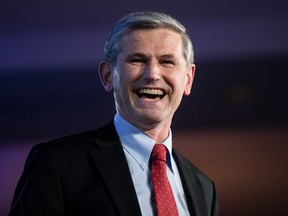 Andrew Wilkinson celebrates after being elected leader of the British Columbia Liberal Party in Vancouver, B.C., on Saturday February 3, 2018.