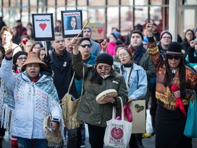 Indigenous women sing and drum during a rally for Tina Fontaine in Vancouver, B.C., on Saturday February 24, 2018. A man accused of killing a 15-year-old Indigenous girl and dumping her body in Winnipeg's Red River was found not guilty of second-degree murder this week.Tina Fontaine's remains were discovered eight days after she was reported missing in August 2014.