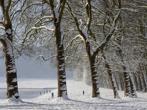 People stroll in the snow covered park of the Chateau de Versailles, west of Paris, Thursday, Feb. 8, 2018. Heavy snowfall has caused travel disruptions in the northern half of France and in Paris as the weather conditions caught authorities off guard. Due to the weather conditions, the Park and the Gardens were closed in the morning and reopened early afternoon Thursday.