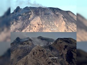 The peak of Mount Sinabung in Karo, North Sumatra before, top, and after its eruption on Monday, Feb. 19.