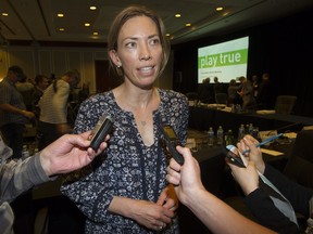 Canadian Olympian Beckie Scott speaks to reporters following a World Anti-Doping Agency meeting in Montreal in 2016.