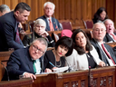 Public Safety Minister Ralph Goodale, left, listens to a question during a Senate Committee of the Whole, in the Senate Chamber, on Bill C-45, the Cannabis Act, on Tuesday.