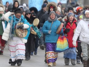 Protestors march in Winnipeg on Saturday, February 10, 2018 after Gerald Stanley was cleared over the death of Colten Boushie.