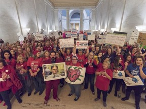 Thousands of teachers and school personnel descended on the state Capital to demonstrate at the Capitol building on the second day of the teacher walkout in Charleston, W.V., on Friday, Feb. 23, 2018.