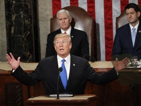 In this Jan. 30, 2018, photo, President Donald Trump delivers his State of the Union address to a joint session of Congress on Capitol Hill in Washington. Trump struck a variety of false notes in his big speech to Congress this past week and followed up with a curious coda _ a plain-as-your-face exaggeration about the TV audience that tuned in for it.
