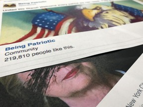 A Facebook posting, released by the House Intelligence Committee, for a group called "Being Patriotic" is photographed in Washington, Friday, Feb. 16, 2018. A federal grand jury indictment on Feb. 16, charging 13 Russians and three Russian entities with an elaborate plot to interfere in the 2016 U.S. presidential election, noted that beginning in June 2016, defendants and and their co-conspirators organized and coordinated political rallies in the U.S. The "Being Patriotic" promoted and organized two political rallies in New York according to the indictment.