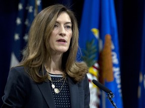 FILE - In this Feb. 2, 2018, file photo, Associate Attorney General Rachel Brand speaks during the opening of the summit on Efforts to Combat Human Trafficking at Department of Justice in Washington. Brand, the Justice Department's No. 3 official is planning to step down at a time of turmoil in the agency. A friend of Brand told The Associated Press that she is stepping down for a private sector job.