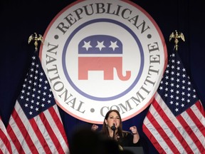RNC Chairman Ronna McDaniel speaks at the Republican National Committee winter meeting in Washington, Thursday, Feb. 1, 2018. Hours after her friend and colleague at the RNC had been accused of sexual misconduct, Ronna McDaniel was on the phone with President Donald Trump for a difficult conversation. Casino magnate Steve Wynn, the RNC's finance chairman and a mutual friend, had to step aside, she said to a man who also has faced accusations of sexual misconduct but refused to be derailed by them. McDaniel, the RNC's chairwoman, says the president listened, and ultimately agreed, Wynn had to go.