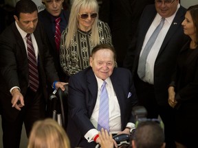 FILE - In this May 23, 2017, file photo, Sheldon Adelson arrives for President Donald Trump's speech at the Israel museum in Jerusalem. Adelson has proposed paying for at least part of the new U.S. embassy in Jerusalem, four U.S. officials told The Associated Press, and the Trump administration is considering the offer. Lawyers at the State Department are looking into the legality of the highly unconventional proposal to cover part or all of the embassy's costs through private donations, the administration officials said.