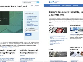 These images from the EPA's webpage on Climate and Energy Resources for State, Local, and Tribal Governments as it appeared April 13. 2017, left, and as it appeared on Feb. 1, 2018. Newly released emails show EPA Administrator Scott Pruitt personally monitored efforts last year to excise much of the information about climate change from the agency's website, especially President Obama's signature effort to reduce planet-warming carbon emissions from coal-fired power plants.  (EPA via AP)