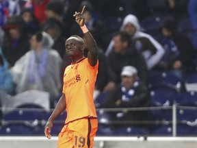 Liverpool's Sadio Mane celebrates after scoring his side's fifth goal during the Champions League round of sixteen first leg soccer match between FC Porto and Liverpool FC at the Dragao stadium in Porto, Portugal, Wednesday, Feb. 14, 2018.