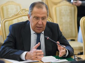 Russian Foreign Minister Sergey Lavrov gestures while speaking to Algerian Foreign Affairs Minister Abdelkader Messahe during the talks in Moscow, Russia, Monday, Feb. 19, 2018. Lavrov dismissed the U.S. indictment charging 13 Russians with meddling in the 2016 U.S. presidential election as baseless.