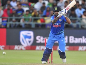 India's Shikhar Dhawan at the wicket during the third and final T20 cricket match between South Africa and India in Cape Town, South Africa, Saturday, Feb. 24, 2018. (AP Photo)