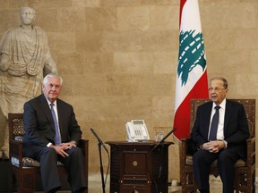 Lebanese President Michel Aoun, right, meets with U.S. Secretary of State Rex Tillerson at the presidential palace in Baabda, east of Beirut, Lebanon, Thursday, Feb. 15, 2018. Tillerson is in Beirut for one day visit to meet with Lebanese officials.