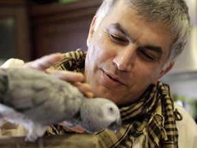 In this Jan. 20, 2015, file photo, activist Nabeel Rajab strokes his pet bird at his home following an interview with The Associated Press in Bani Jamra, Bahrain. A court in Bahrain sentenced Rajab to five years in prison over a series of tweets on Wednesday, Feb. 21, 2018.