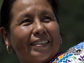 FILE - In this Oct. 14, 2017 file photo, Maria de Jesus Patricio, presidential candidate for the National Indigenous Congress, campaigns for president in the Zapatista stronghold of Guadalupe Tepeyac in the southern state of Chiapas, Mexico. Patricio, whose supporters know by her nickname MariChuy, was hurt in a crash that also killed a person riding in her campaign caravan and injured two others on Wednesday, Feb. 14, 2018 in the state of Baja California Sur.