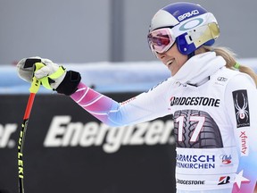 Lindsey Vonn, of the United States, smiles at the finish area during an alpine ski, women's world Cup downhill training, in Garmisch Partenkirchen, Germany, Saturday Feb. 3, 2018.