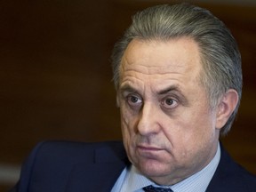 Russian Deputy Prime Minister Vitaly Mutko speaks during an interview with the Associated Press in Moscow in Moscow, Russia, Friday, Feb. 2, 2018. Mutko says Russian athletes whose doping bans were lifted deserve to be treated as "clean and honest" at the Pyeongchang Olympics.