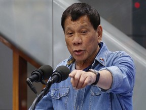 Philippine President Rodrigo Duterte  addressing Filipino Overseas Workers last month in Pasay city, southeast of Manila.