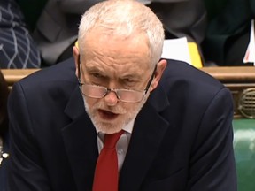 A video grab from footage broadcast by the UK Parliament's Parliamentary Recording Unit (PRU) shows Britain's opposition Labour party leader Jeremy Corbyn participating in a debate on Russia in the House of Commons in London on March 26, 2018.