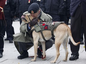 Veteran David Boese hugs his service dog Sam during Remembrance Day ceremonies at the War Memorial in Ottawa on Friday, November 11, 2016.