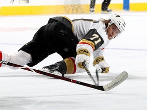 Vegas Golden Knights forward William Karlsson passes the puck against the Philadelphia Flyers on March 12.