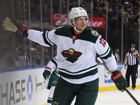 Eric Staal celebrates after assisting on a goal by Mikael Granlund on Feb. 23, 2018.