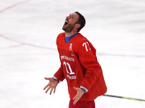 Ilya Kovalchuk celebrates the Olympic Athletes from Russia's men's hockey gold medal on Feb. 25.