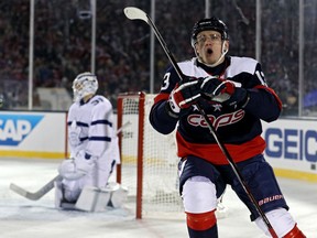 Jakub Vrana of the Washington Capitals celebrates his goal against Toronto Maple Leafs netminder Frederik Andersen during the second period Saturday  night in the NHL Stadium Series at Navy-Marine Corps Memorial Stadium in Annapolis, Md.